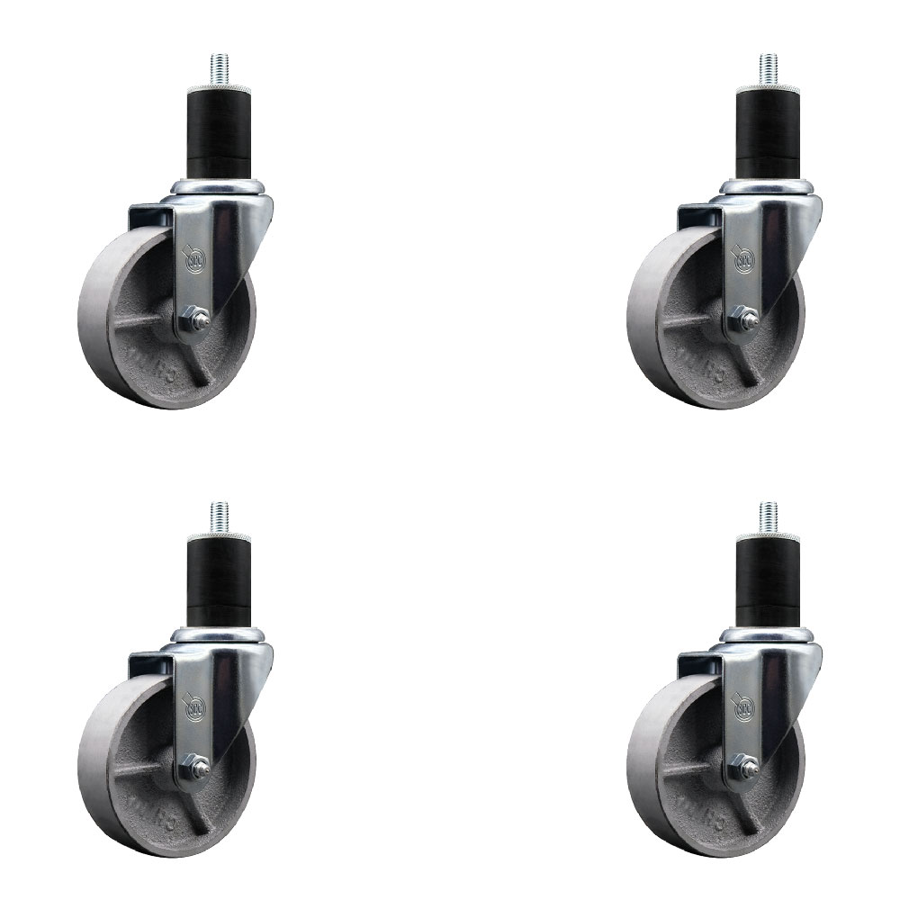 Semi Steel Cast Iron Swivel Expanding Stem Caster Set of 4 with 4 Inch Silver Wheels and 1-3/4" Stems - Includes 4 Swivel - 300 lbs. Capacity Per Caster - Service Caster Brand — photo 1