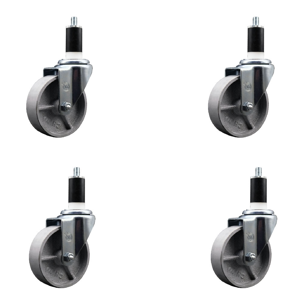 Semi Steel Cast Iron Swivel Expanding Stem Caster Set of 4 with 4 Inch Silver Wheels and 1-3/8" Stems - Includes 4 Swivel - 300 lbs. Capacity Per Caster - Service Caster Brand — photo 1