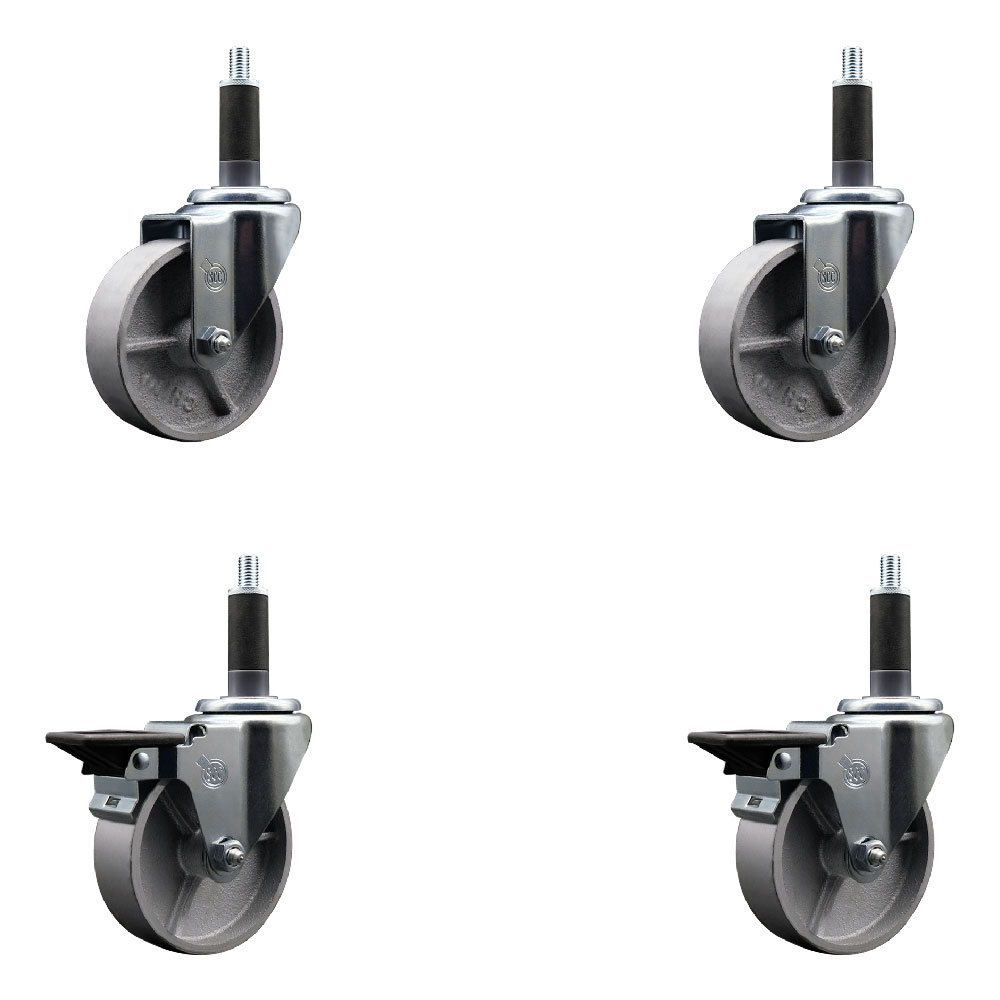 Semi Steel Cast Iron Swivel Expanding Stem Caster Set of 4 w/Roller Bearings - 4" x 1.5" Silver Wheels and 1" Stems - 2 with Posi Locking Brakes - 1200 lbs Total Capacity - Service Caster Brand — photo 1