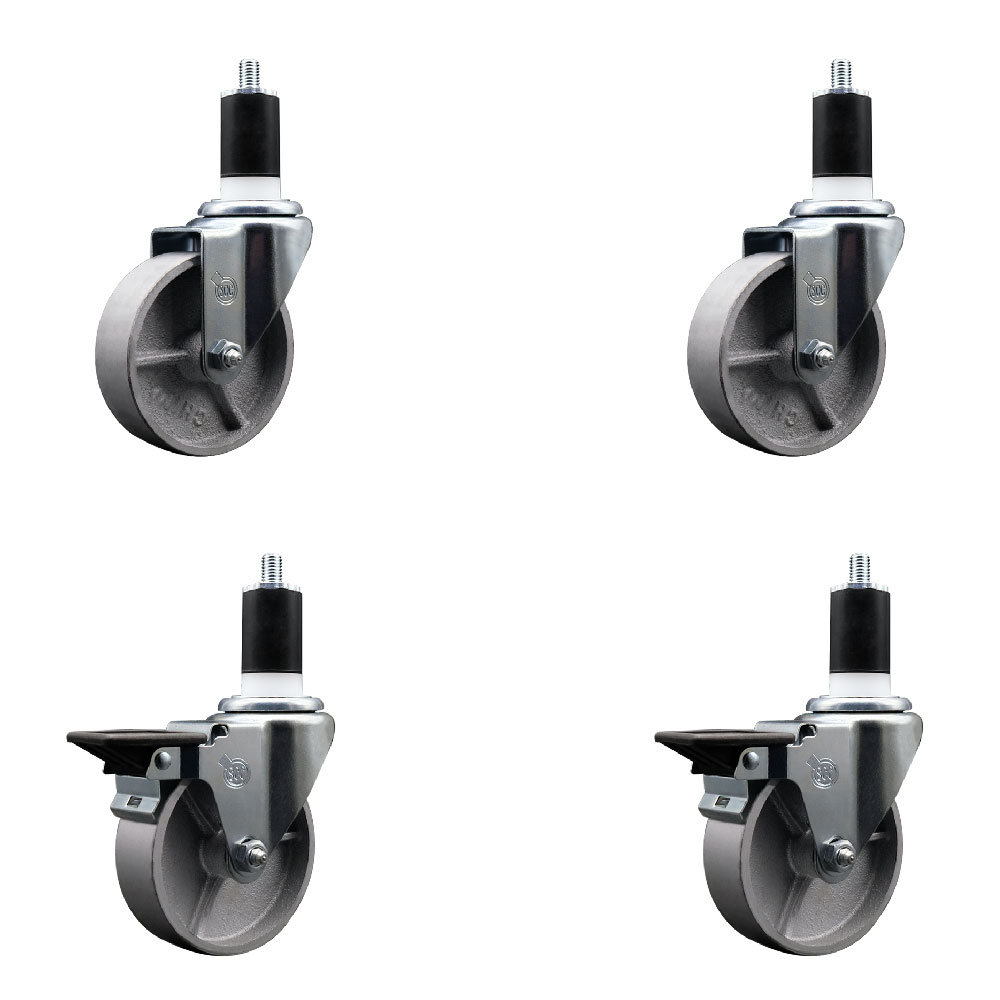 Semi Steel Cast Iron Swivel Expanding Stem Caster Set of 4 w/Roller Bearings - 4" x 1.5" Silver Wheels and 1-1/2" Stems - 2 with Posi Locking Brakes - 1200 lbs Total Capacity - Service Caster Brand — photo 1