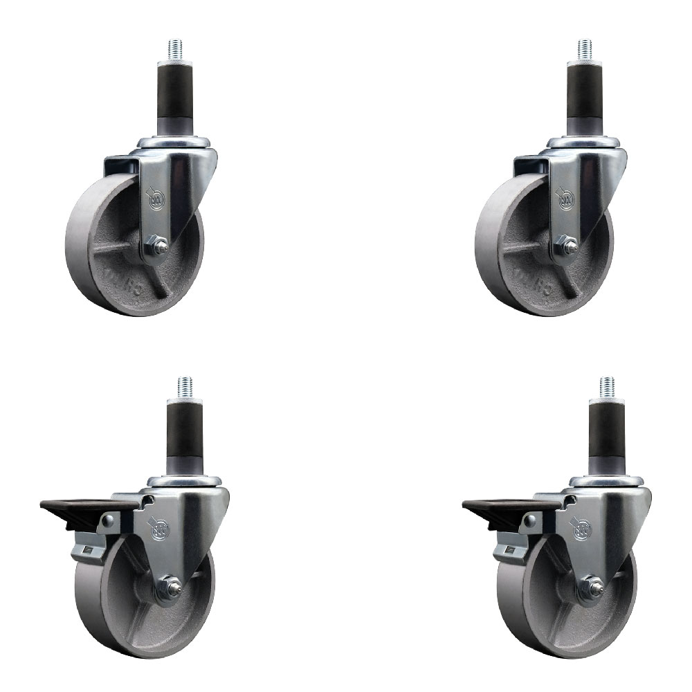 Semi Steel Cast Iron Swivel Expanding Stem Caster Set of 4 w/Roller Bearings - 4" x 1.5" Silver Wheels and 1-1/4" Stems - 2 with Posi Locking Brakes - 1200 lbs Total Capacity - Service Caster Brand — photo 1