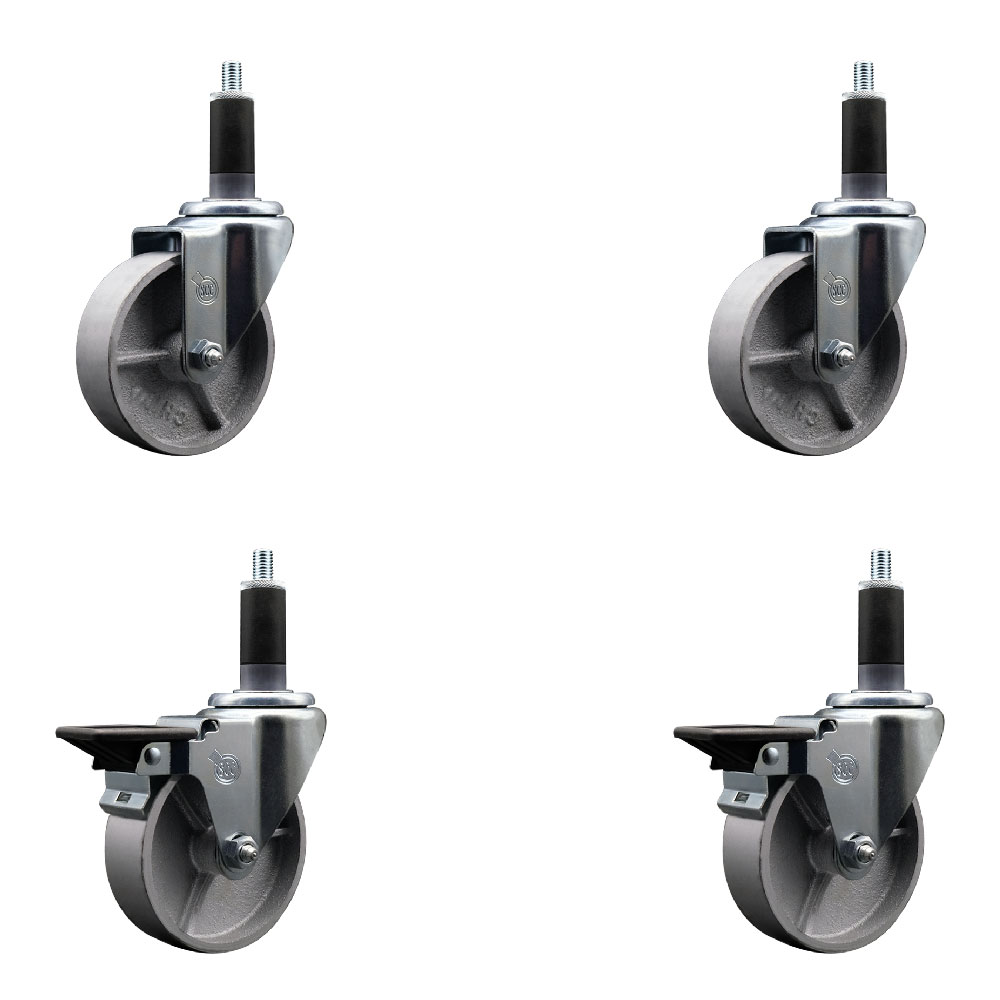 Semi Steel Cast Iron Swivel Expanding Stem Caster Set of 4 w/Roller Bearings - 4" x 1.5" Silver Wheels and 1-1/8" Stems - 2 with Posi Locking Brakes - 1200 lbs Total Capacity - Service Caster Brand — photo 1