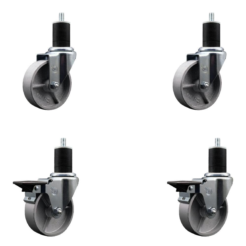 Semi Steel Cast Iron Swivel Expanding Stem Caster Set of 4 with 4 Inch Silver Wheels and 1-3/4" Stems - Includes 2 with Posi Locking Brakes - 1200 lbs Total Capacity - Service Caster Brand — photo 1