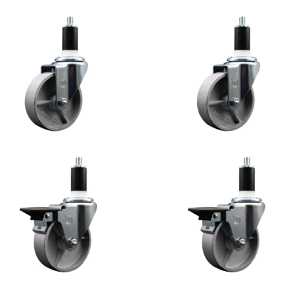 Semi Steel Cast Iron Swivel Expanding Stem Caster Set of 4 w/Roller Bearings - 4" x 1.5" Silver Wheels and 1-3/8" Stems - 2 with Posi Locking Brakes - 1200 lbs Total Capacity - Service Caster Brand — photo 1