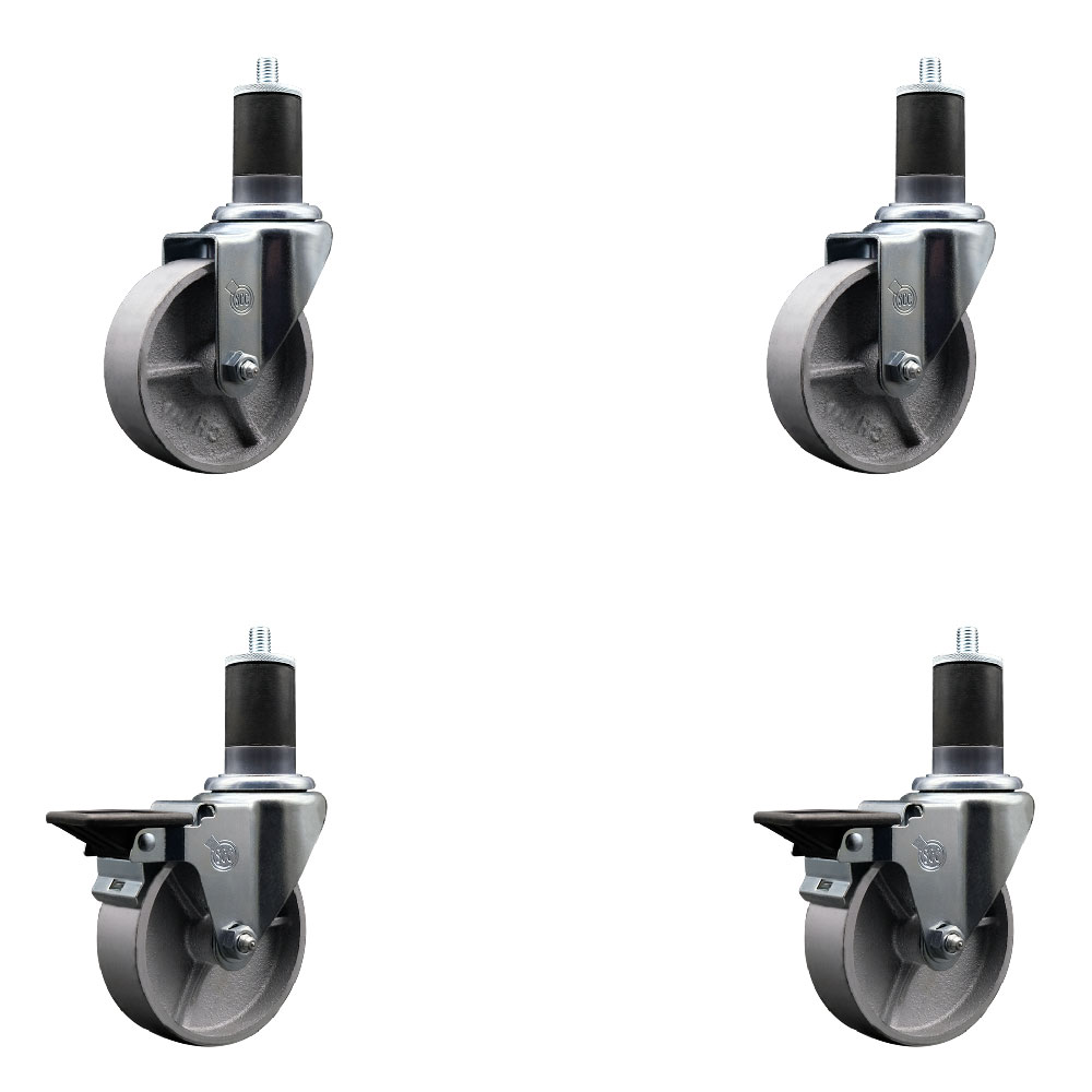 Semi Steel Cast Iron Swivel Expanding Stem Caster Set of 4 with 4 Inch Silver Wheels and 1-5/8" Stems - Includes 2 with Posi Locking Brakes - 1200 lbs Total Capacity - Service Caster Brand — photo 1