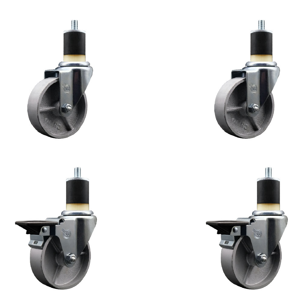 Semi Steel Cast Iron Swivel Expanding Stem Caster Set of 4 w/Roller Bearings - 4" x 1.5" Silver Wheels and 1-7/8" Stems - 2 with Posi Locking Brakes - 1200 lbs Total Capacity - Service Caster Brand — photo 1
