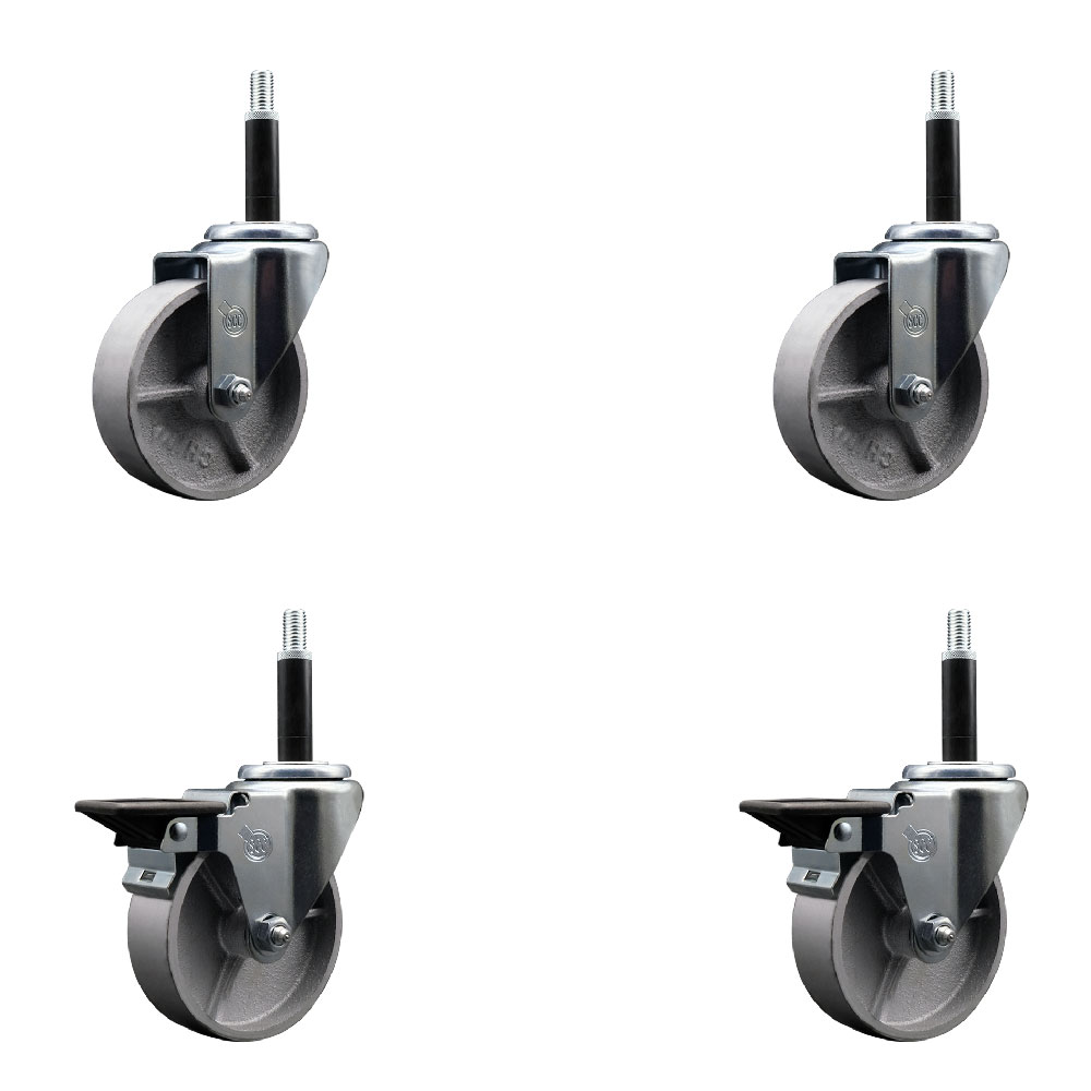 Semi Steel Cast Iron Swivel Expanding Stem Caster Set of 4 w/Roller Bearings - 4" x 1.5" Silver Wheels and 3/4" Stems - 2 with Posi Locking Brakes - 1200 lbs Total Capacity - Service Caster Brand — photo 1