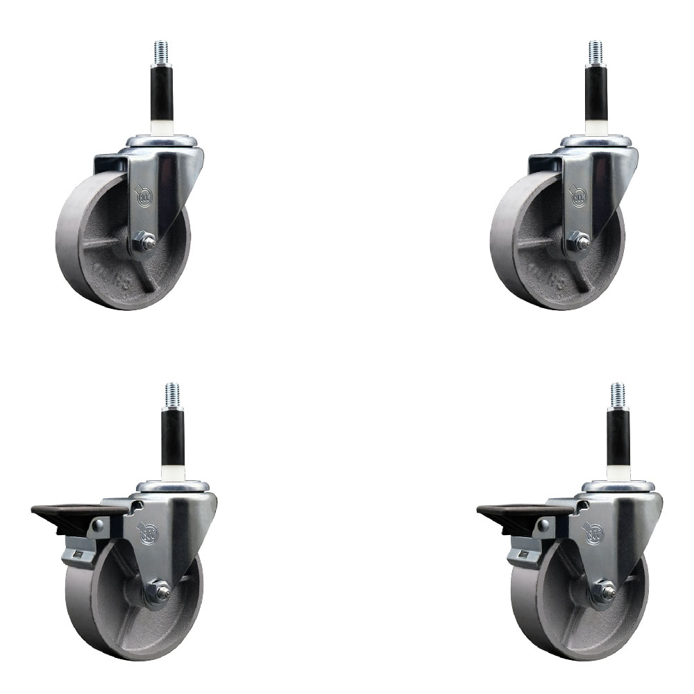 Semi Steel Cast Iron Swivel Expanding Stem Caster Set of 4 w/Roller Bearings - 4" x 1.5" Silver Wheels and 7/8" Stems - 2 with Posi Locking Brakes - 1200 lbs Total Capacity - Service Caster Brand — photo 1