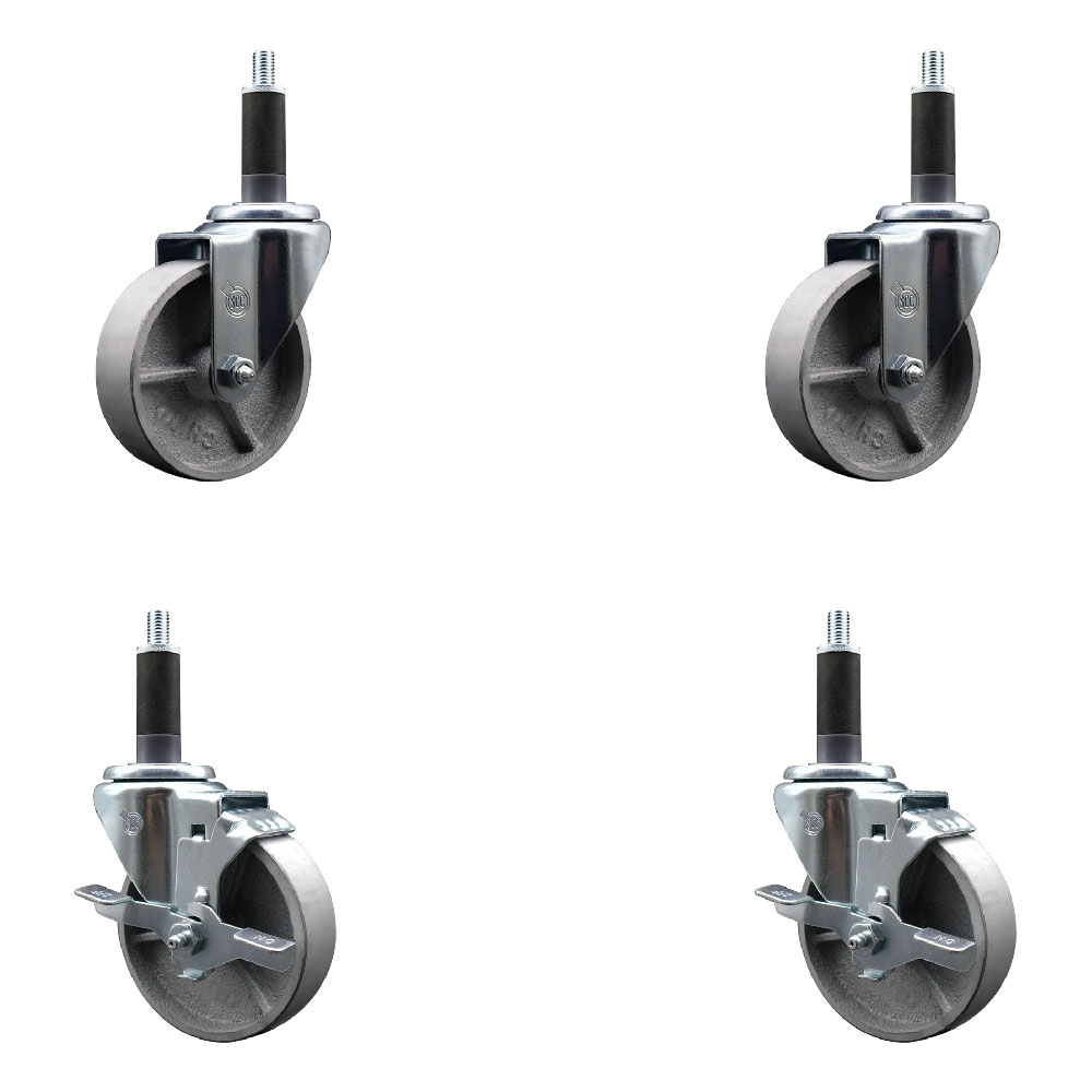 Semi Steel Cast Iron Swivel Expanding Stem Caster Set of 4 w/Roller Bearings - 4" x 1.5" Silver Wheels and 1" Stems - 2 with Top Locking Brakes - 1200 lbs Total Capacity - Service Caster Brand — photo 1