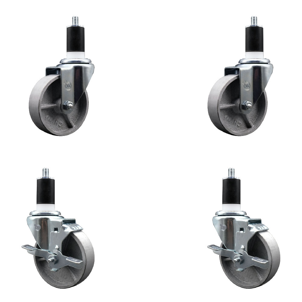 Semi Steel Cast Iron Swivel Expanding Stem Caster Set of 4 w/Roller Bearings - 4" x 1.5" Silver Wheels and 1-1/2" Stems - 2 with Top Locking Brakes - 1200 lbs Total Capacity - Service Caster Brand — photo 1