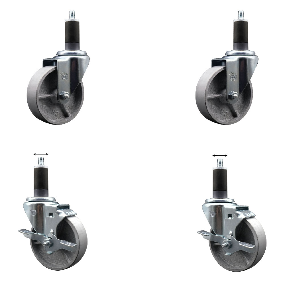 Semi Steel Cast Iron Swivel Expanding Stem Caster Set of 4 w/Roller Bearings - 4" x 1.5" Silver Wheels and 1-1/4" Stems - 2 with Top Locking Brakes - 1200 lbs Total Capacity - Service Caster Brand — photo 1