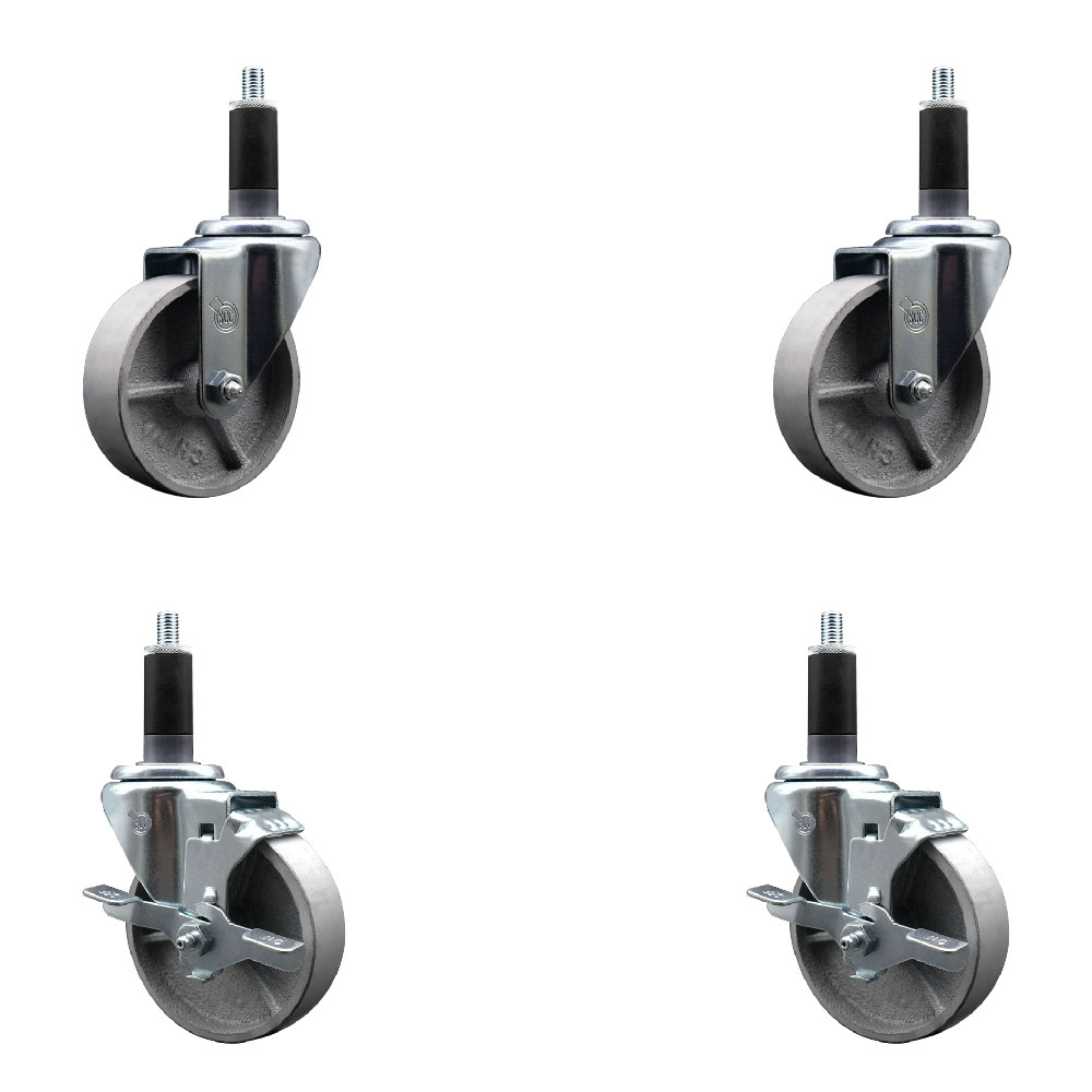 Semi Steel Cast Iron Swivel Expanding Stem Caster Set of 4 w/Roller Bearings - 4" x 1.5" Silver Wheels and 1-1/8" Stems - 2 with Top Locking Brakes - 1200 lbs Total Capacity - Service Caster Brand — photo 1