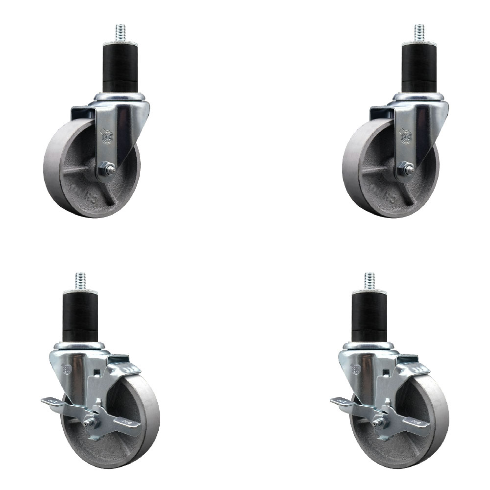 Semi Steel Cast Iron Swivel Expanding Stem Caster Set of 4 w/Roller Bearings - 4" x 1.5" Silver Wheels and 1-3/4" Stems - 2 with Top Locking Brakes - 1200 lbs Total Capacity - Service Caster Brand — photo 1