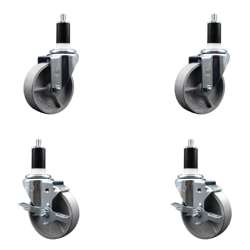 Semi Steel Cast Iron Swivel Expanding Stem Caster Set of 4 with 4 Inch Silver Wheels and 1-3/8" Stems - Includes 2 with Top Locking Brakes - 1200 lbs Total Capacity - Service Caster Brand — photo 1
