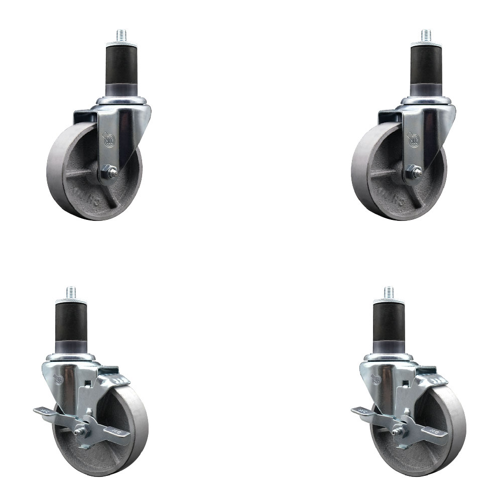 Semi Steel Cast Iron Swivel Expanding Stem Caster Set of 4 w/Roller Bearings - 4" x 1.5" Silver Wheels and 1-5/8" Stems - 2 with Top Locking Brakes - 1200 lbs Total Capacity - Service Caster Brand — photo 1