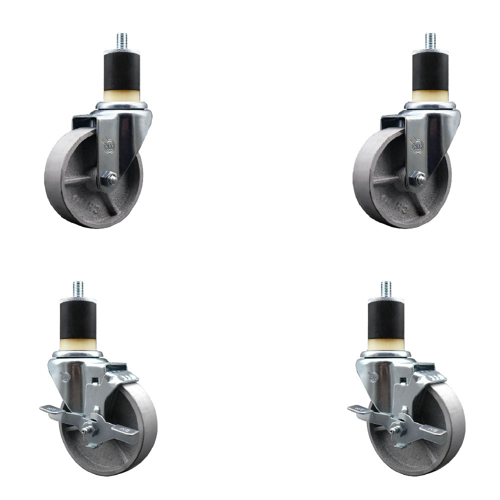 Semi Steel Cast Iron Swivel Expanding Stem Caster Set of 4 with 4 Inch Silver Wheels and 1-7/8" Stems - Includes 2 with Top Locking Brakes - 1200 lbs Total Capacity - Service Caster Brand — photo 1