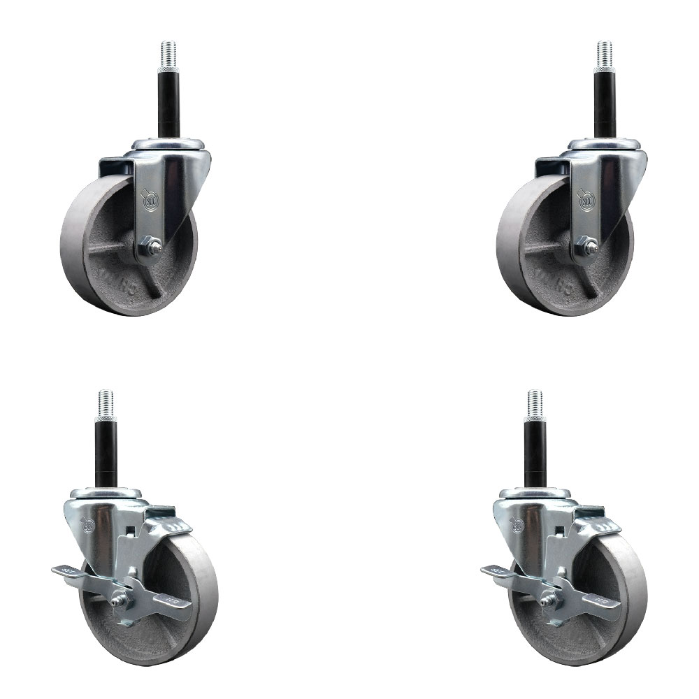 Semi Steel Cast Iron Swivel Expanding Stem Caster Set of 4 w/Roller Bearings - 4" x 1.5" Silver Wheels and 3/4" Stems - 2 with Top Locking Brakes - 1200 lbs Total Capacity - Service Caster Brand — photo 1