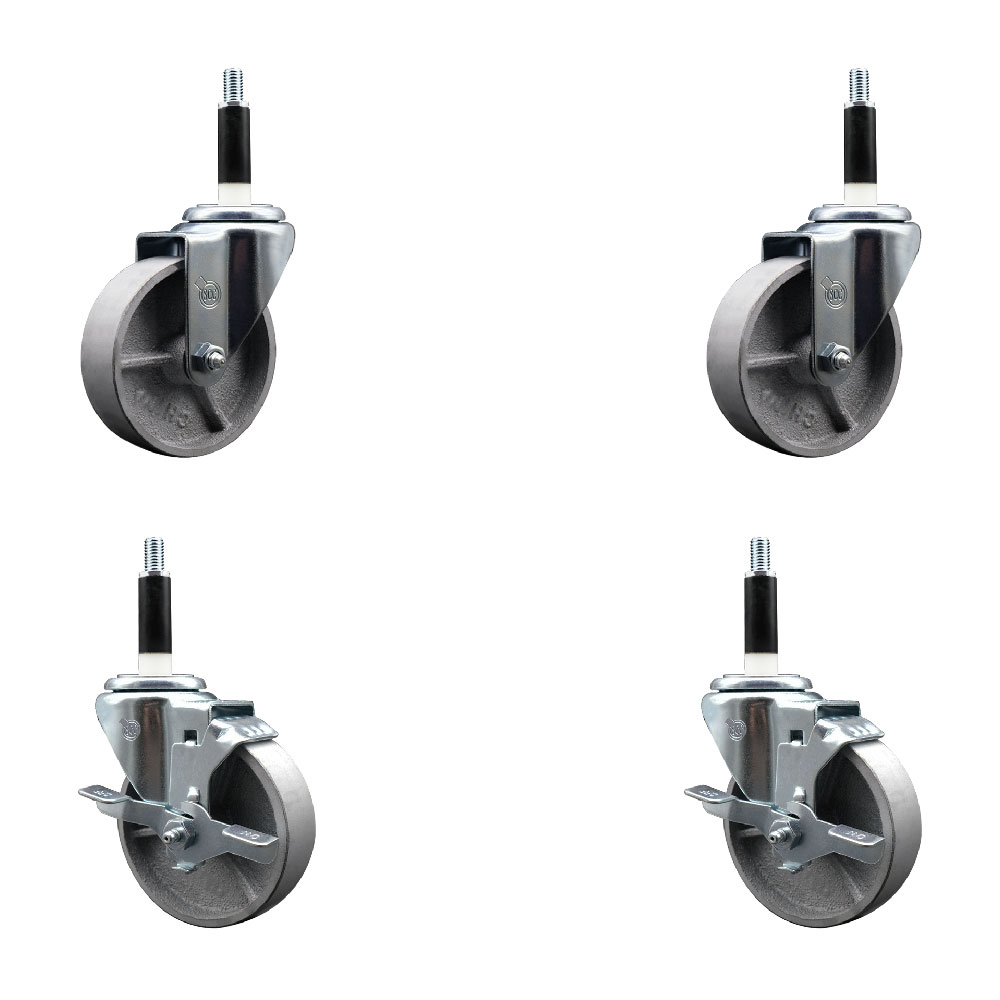 Semi Steel Cast Iron Swivel Expanding Stem Caster Set of 4 w/Roller Bearings - 4" x 1.5" Silver Wheels and 7/8" Stems - 2 with Top Locking Brakes - 1200 lbs Total Capacity - Service Caster Brand — photo 1