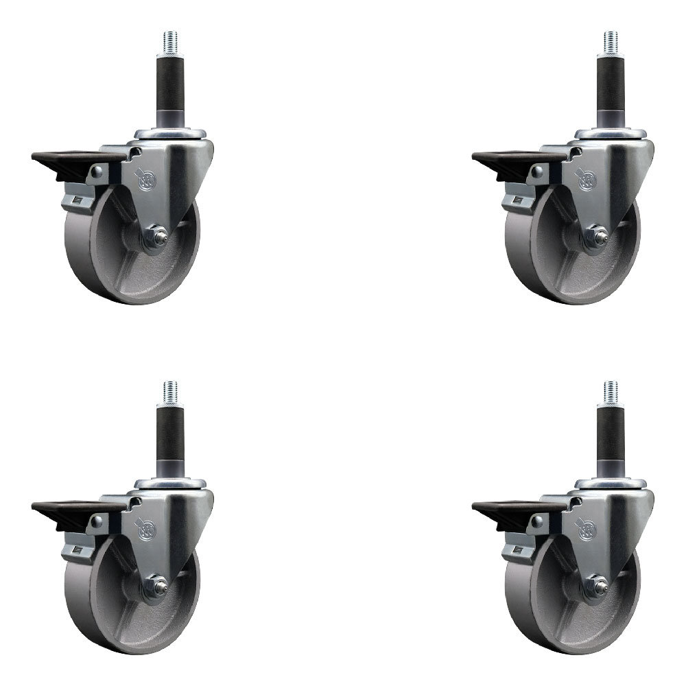 Semi Steel Cast Iron Swivel Expanding Stem Caster Set of 4 with Roller Bearings - 4" x 1.5" Silver Wheels and 1" Stems - 4 with Posi Lock Brakes - 1200 lbs Total Capacity - Service Caster Brand — photo 1