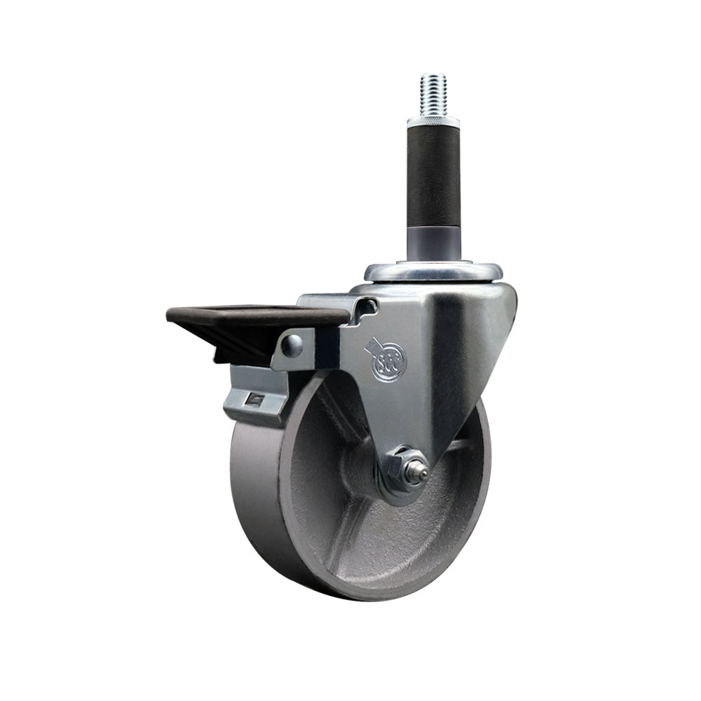 Semi Steel Cast Iron Swivel Expanding Stem Swivel Caster with 4 Inch Silver Wheel and 1" Stem & Posi Locking Brake - 300 lbs. Capacity Per Caster - Service Caster Brand — photo 1