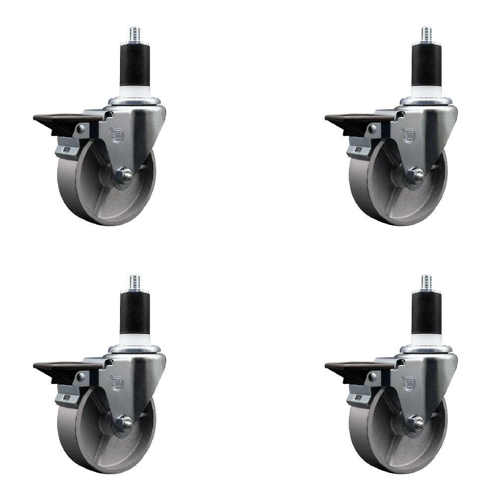 Semi Steel Cast Iron Swivel Expanding Stem Caster Set of 4 with Roller Bearings - 4" x 1.5" Silver Wheels and 1-1/2" Stems - 4 with Posi Lock Brakes - 1200 lbs Total Capacity - Service Caster Brand — photo 1