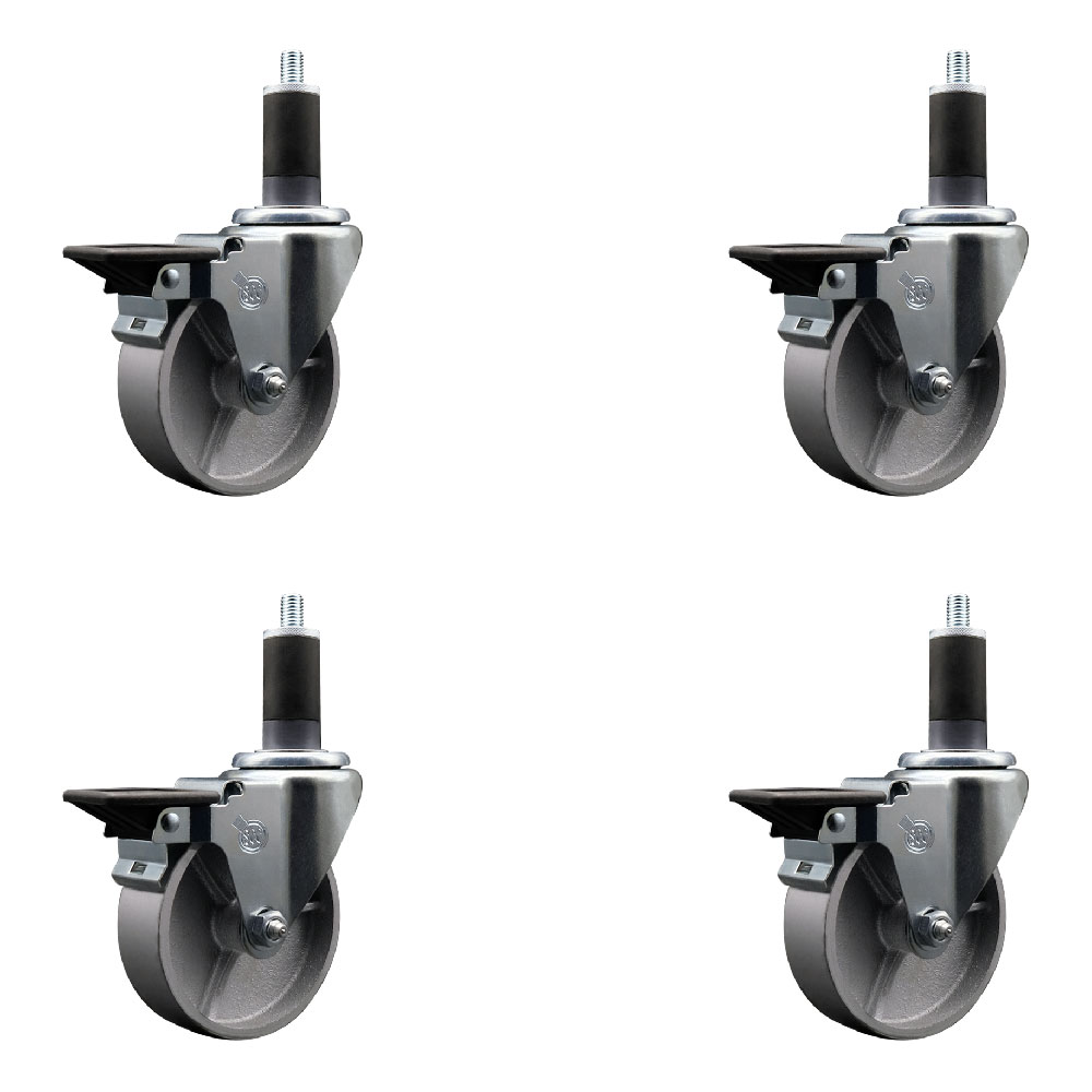 Semi Steel Cast Iron Swivel Expanding Stem Caster Set of 4 with Roller Bearings - 4" x 1.5" Silver Wheels and 1-1/4" Stems - 4 with Posi Lock Brakes - 1200 lbs Total Capacity - Service Caster Brand — photo 1