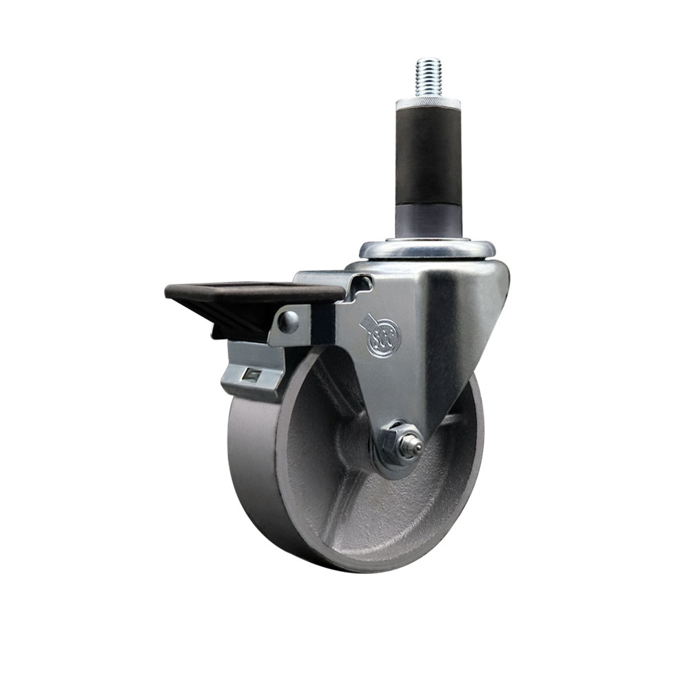 Semi Steel Cast Iron Swivel Expanding Stem Caster w/Roller Bearing - 4" x 1.5" Silver Wheel and 1-1/4" Stem & Posi Locking Brake - 300 lbs Capacity/Caster - Service Caster Brand — photo 1