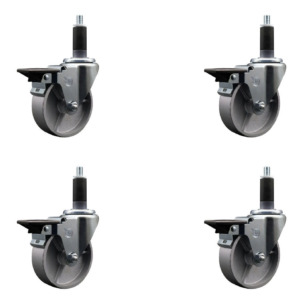 Semi Steel Cast Iron Swivel Expanding Stem Caster Set of 4 with 4 Inch Silver Wheels and 1-1/8" Stems - Includes 4 Swivel with Posi Locking Brakes - 300 lbs. Capacity Per Caster - Service Caster Brand — photo 1
