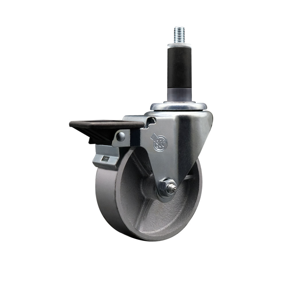 Semi Steel Cast Iron Swivel Expanding Stem Swivel Caster with 4 Inch Silver Wheel and 1-1/8" Stem & Posi Locking Brake - 300 lbs. Capacity Per Caster - Service Caster Brand — photo 1