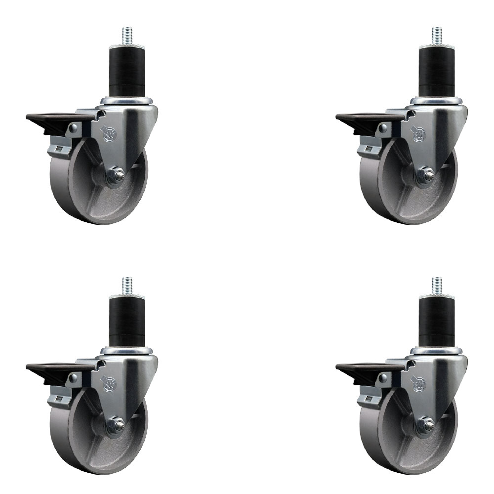 Semi Steel Cast Iron Swivel Expanding Stem Caster Set of 4 with Roller Bearings - 4" x 1.5" Silver Wheels and 1-3/4" Stems - 4 with Posi Lock Brakes - 1200 lbs Total Capacity - Service Caster Brand — photo 1