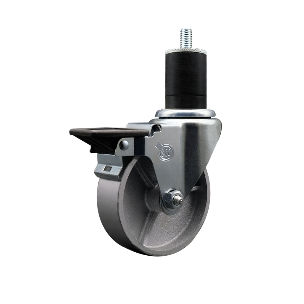 Semi Steel Cast Iron Swivel Expanding Stem Caster w/Roller Bearing - 4" x 1.5" Silver Wheel and 1-3/4" Stem & Posi Locking Brake - 300 lbs Capacity/Caster - Service Caster Brand — photo 1