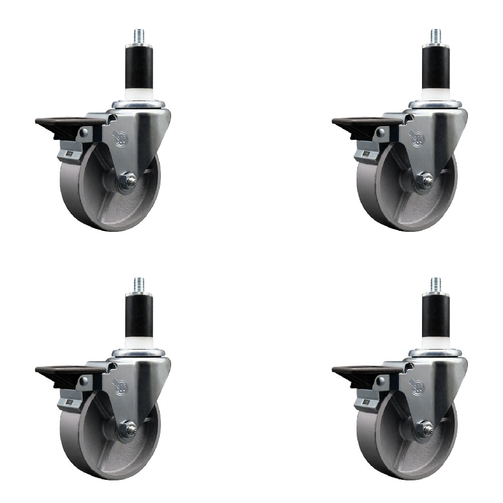 Semi Steel Cast Iron Swivel Expanding Stem Caster Set of 4 with Roller Bearings - 4" x 1.5" Silver Wheels and 1-3/8" Stems - 4 with Posi Lock Brakes - 1200 lbs Total Capacity - Service Caster Brand — photo 1