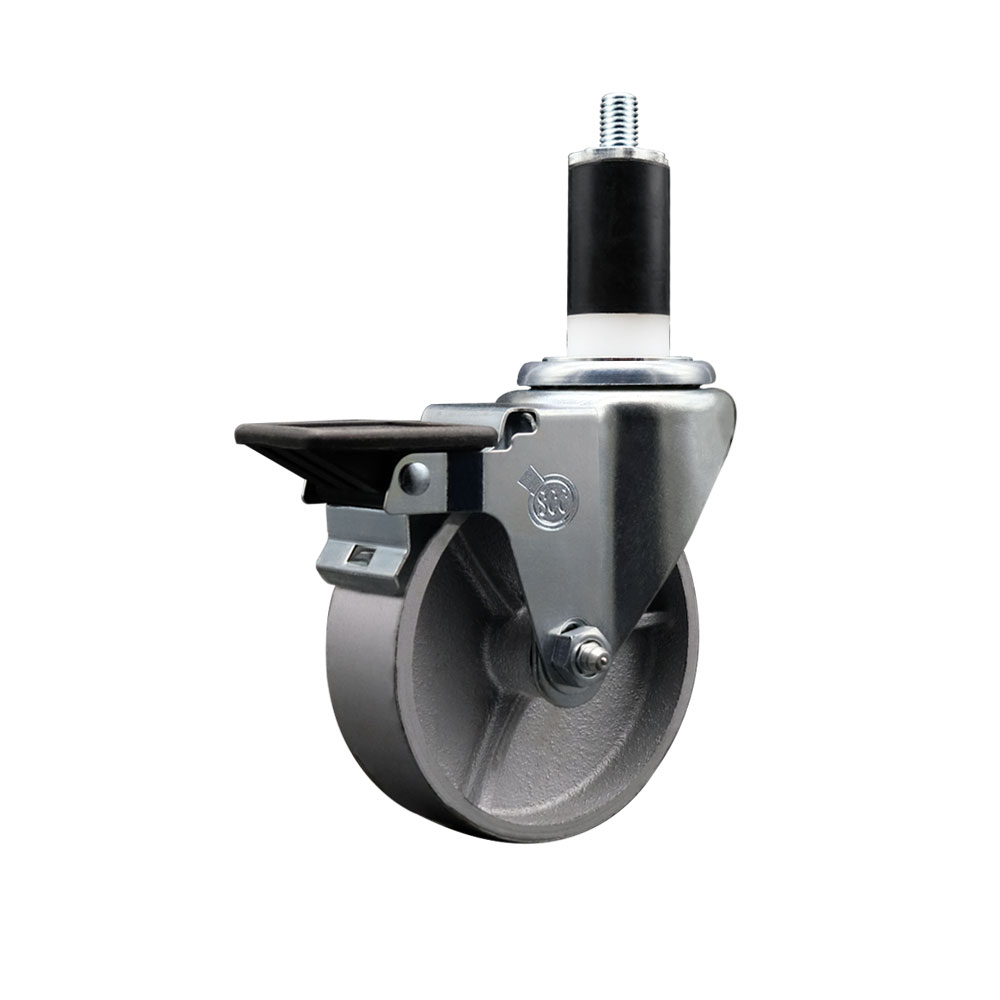 Semi Steel Cast Iron Swivel Expanding Stem Caster w/Roller Bearing - 4" x 1.5" Silver Wheel and 1-3/8" Stem & Posi Locking Brake - 300 lbs Capacity/Caster - Service Caster Brand — photo 1