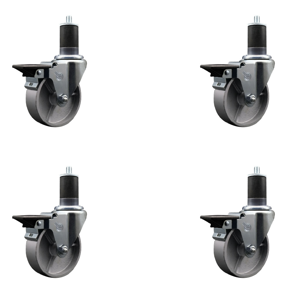 Semi Steel Cast Iron Swivel Expanding Stem Caster Set of 4 with Roller Bearings - 4" x 1.5" Silver Wheels and 1-5/8" Stems - 4 with Posi Lock Brakes - 1200 lbs Total Capacity - Service Caster Brand — photo 1