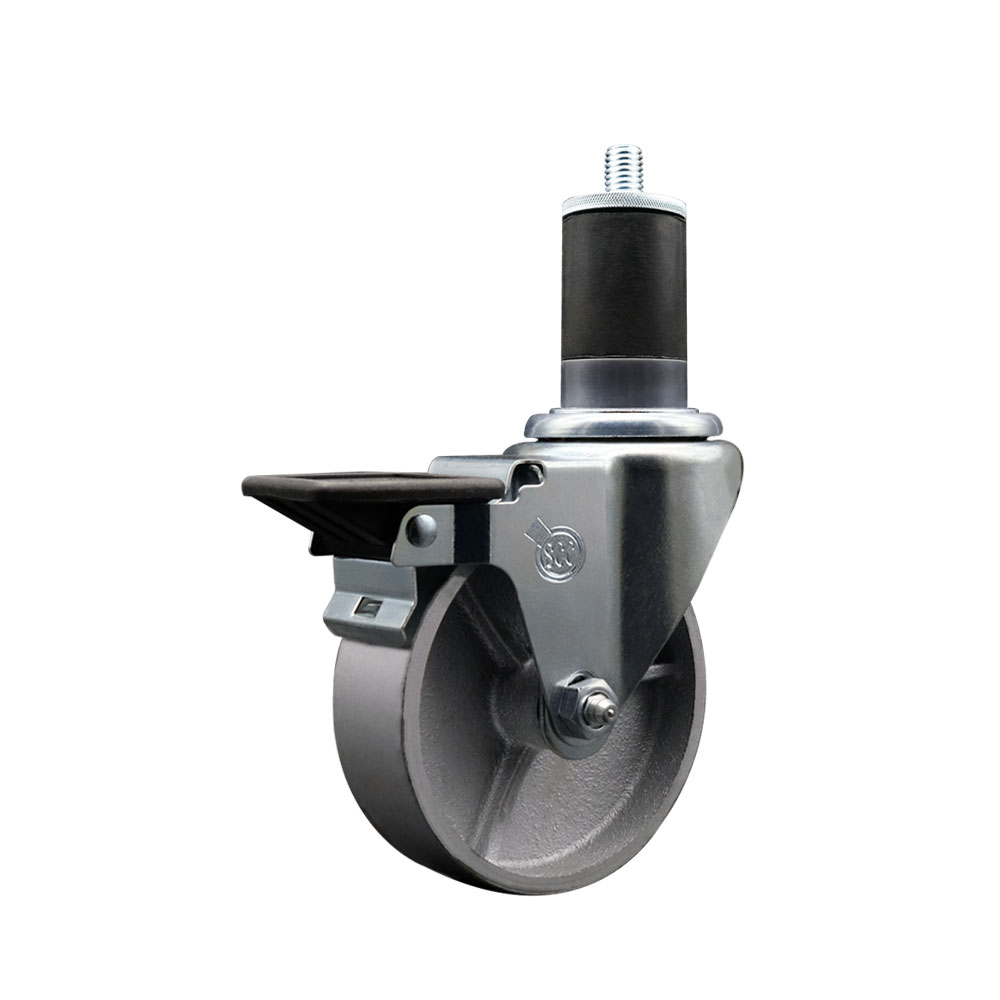 Semi Steel Cast Iron Swivel Expanding Stem Swivel Caster with 4 Inch Silver Wheel and 1-5/8" Stem & Posi Locking Brake - 300 lbs. Capacity Per Caster - Service Caster Brand — photo 1