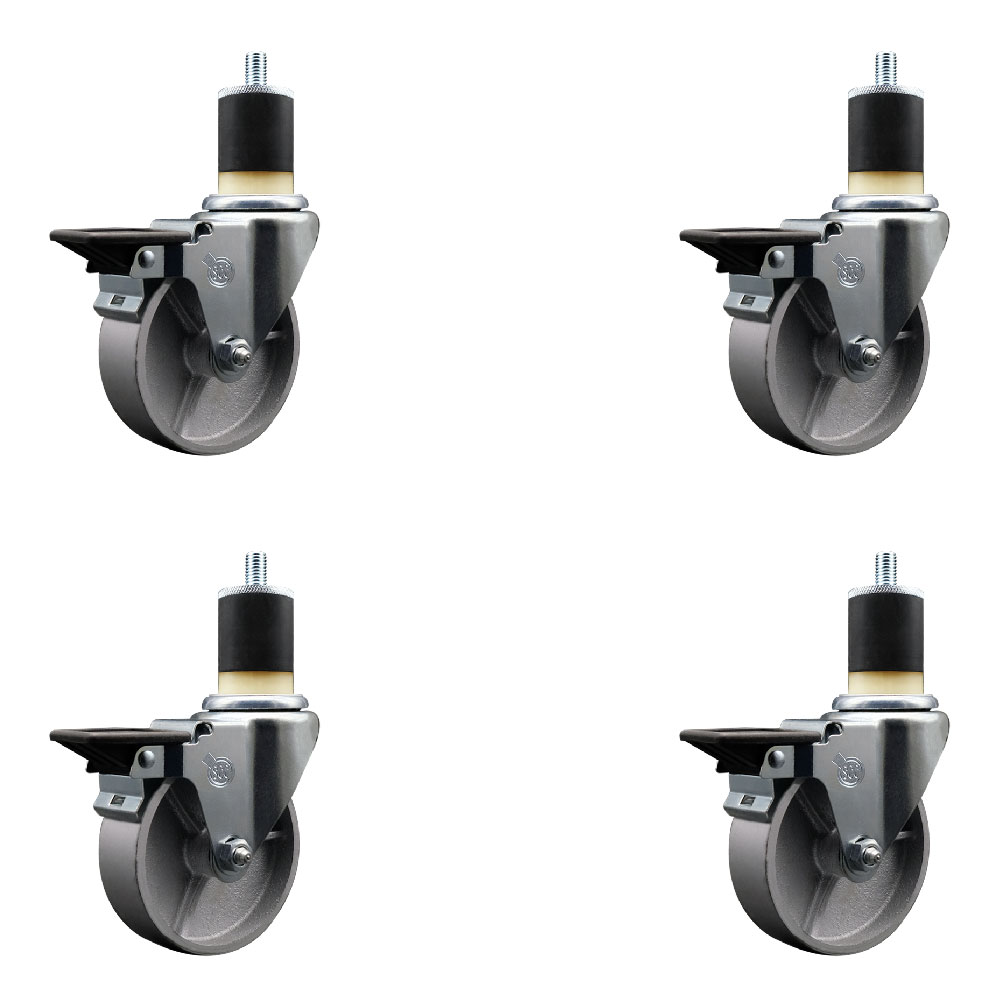 Semi Steel Cast Iron Swivel Expanding Stem Caster Set of 4 with Roller Bearings - 4" x 1.5" Silver Wheels and 1-7/8" Stems - 4 with Posi Lock Brakes - 1200 lbs Total Capacity - Service Caster Brand — photo 1