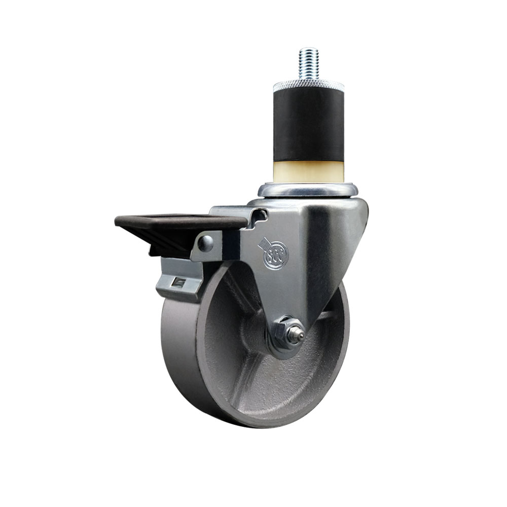 Semi Steel Cast Iron Swivel Expanding Stem Swivel Caster with 4 Inch Silver Wheel and 1-7/8" Stem & Posi Locking Brake - 300 lbs. Capacity Per Caster - Service Caster Brand — photo 1