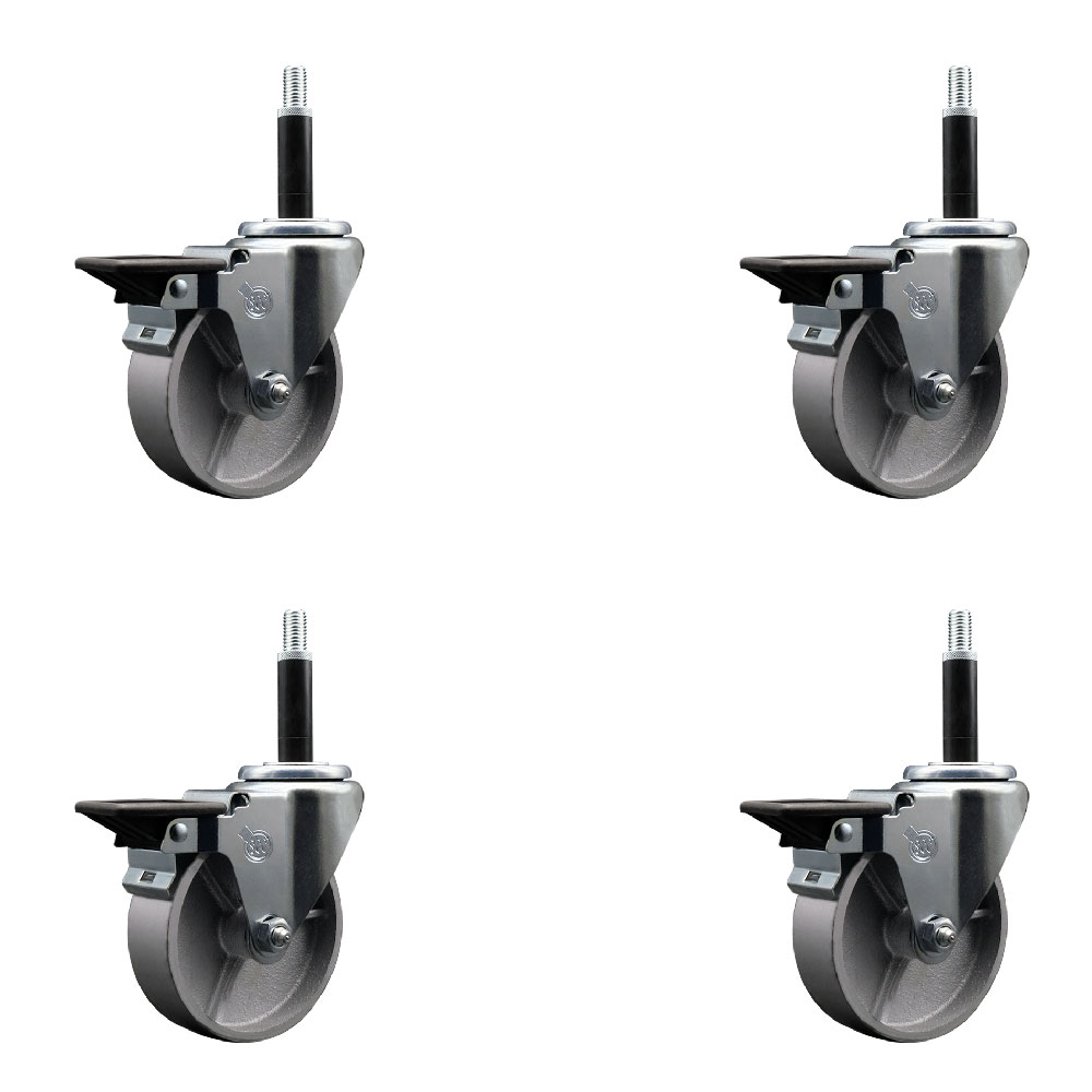Semi Steel Cast Iron Swivel Expanding Stem Caster Set of 4 with Roller Bearings - 4" x 1.5" Silver Wheels and 3/4" Stems - 4 with Posi Lock Brakes - 1200 lbs Total Capacity - Service Caster Brand — photo 1