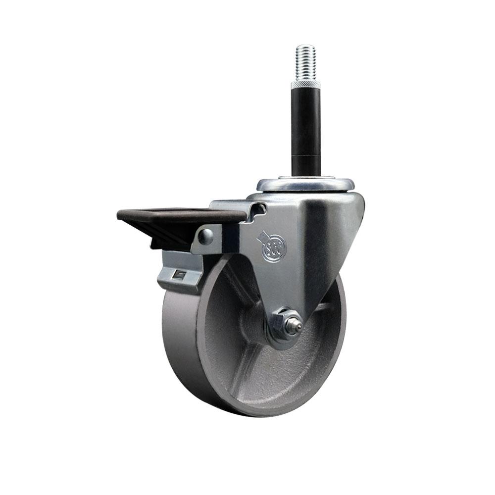 Semi Steel Cast Iron Swivel Expanding Stem Caster w/Roller Bearing - 4" x 1.5" Silver Wheel and 3/4" Stem & Posi Locking Brake - 300 lbs Capacity/Caster - Service Caster Brand — photo 1