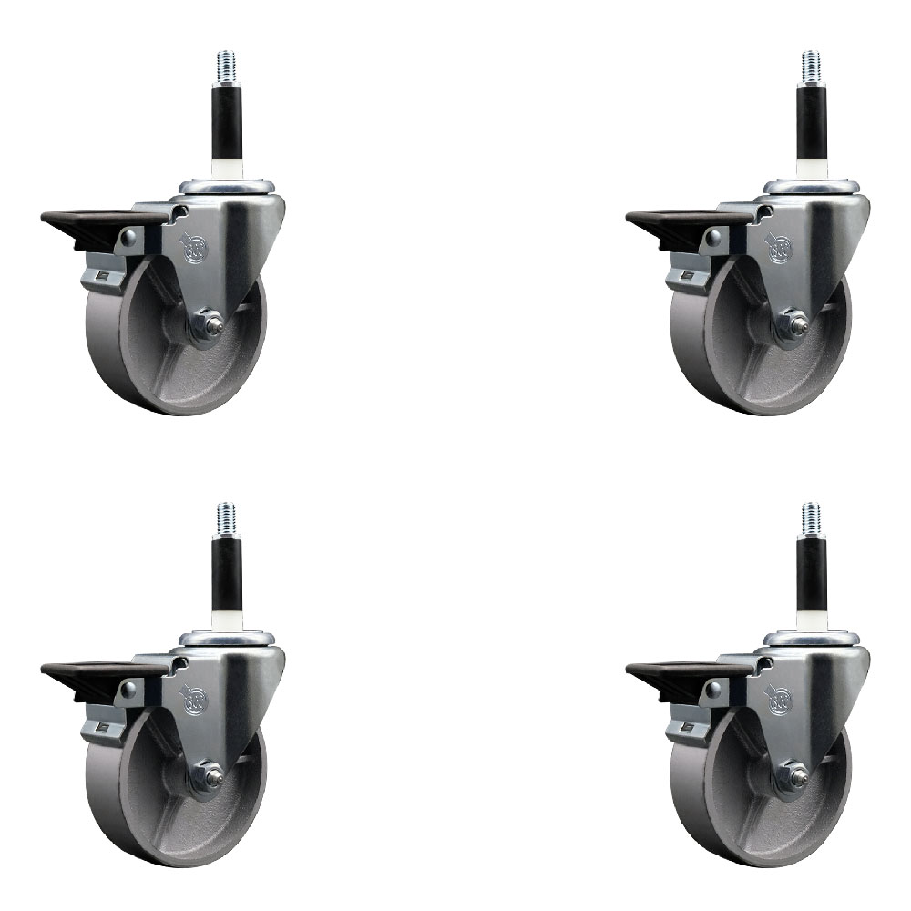 Semi Steel Cast Iron Swivel Expanding Stem Caster Set of 4 with Roller Bearings - 4" x 1.5" Silver Wheels and 7/8" Stems - 4 with Posi Lock Brakes - 1200 lbs Total Capacity - Service Caster Brand — photo 1