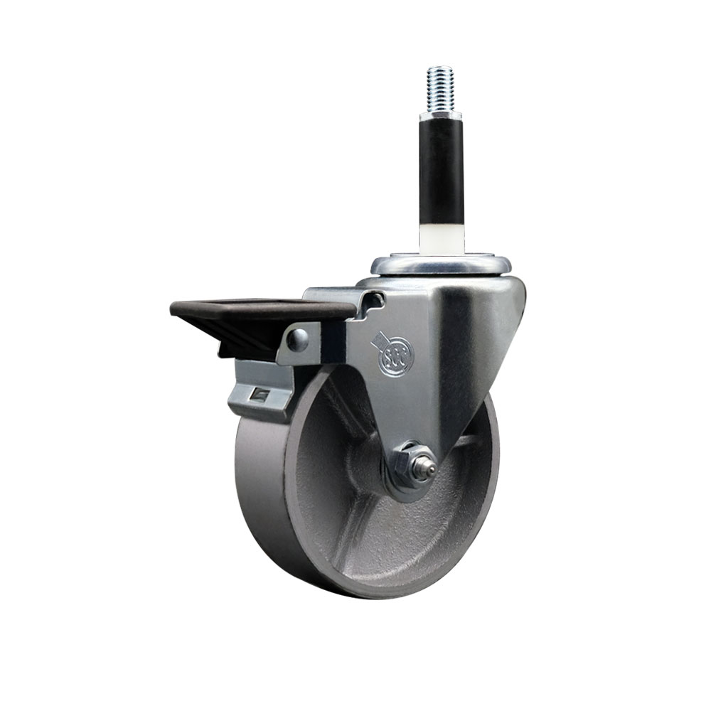 Semi Steel Cast Iron Swivel Expanding Stem Swivel Caster with 4 Inch Silver Wheel and 7/8" Stem & Posi Locking Brake - 300 lbs. Capacity Per Caster - Service Caster Brand — photo 1