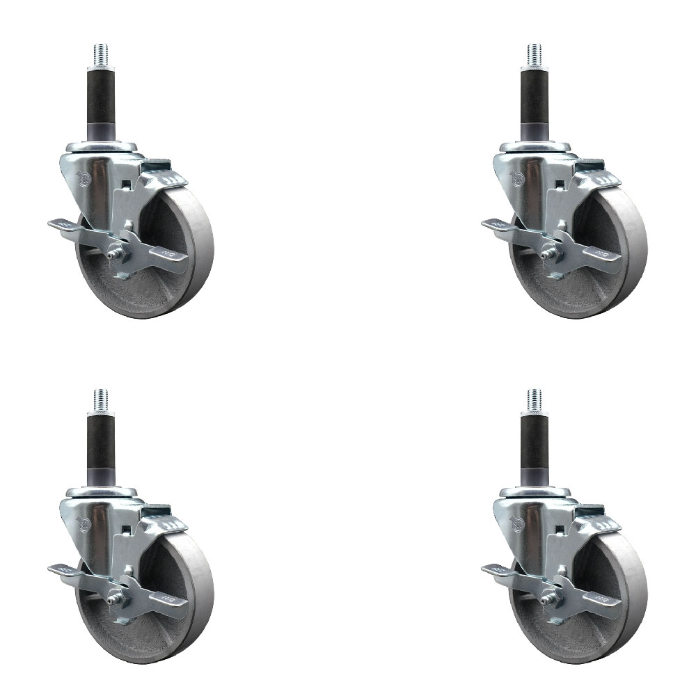 Semi Steel Cast Iron Swivel Expanding Stem Caster Set of 4 with Roller Bearings - 4" x 1.5" Silver Wheels and 1" Stems - 4 with Top Lock Brakes - 1200 lbs Total Capacity - Service Caster Brand — photo 1