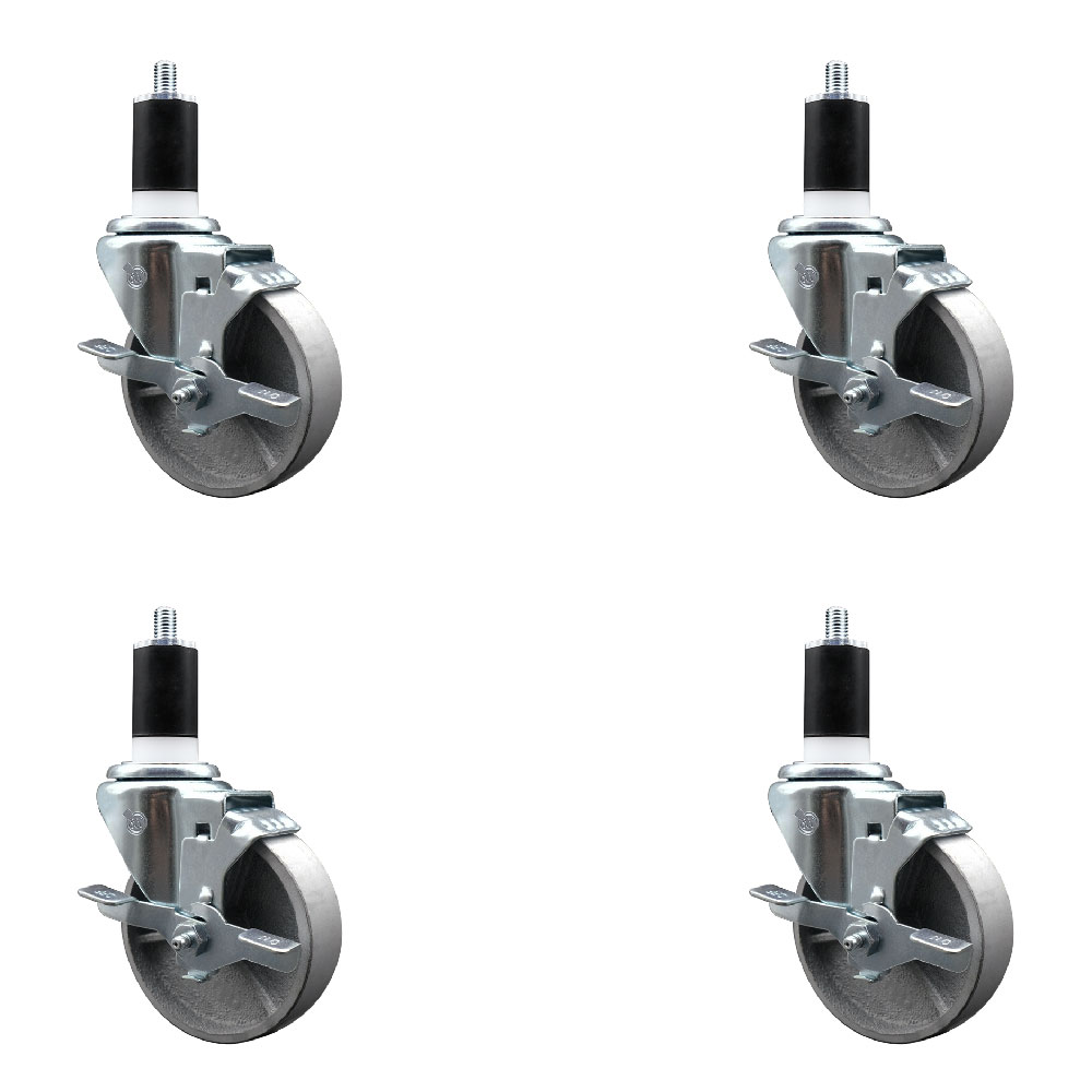 Semi Steel Cast Iron Swivel Expanding Stem Caster Set of 4 with Roller Bearings - 4" x 1.5" Silver Wheels and 1-1/2" Stems - 4 with Top Lock Brakes - 1200 lbs Total Capacity - Service Caster Brand — photo 1