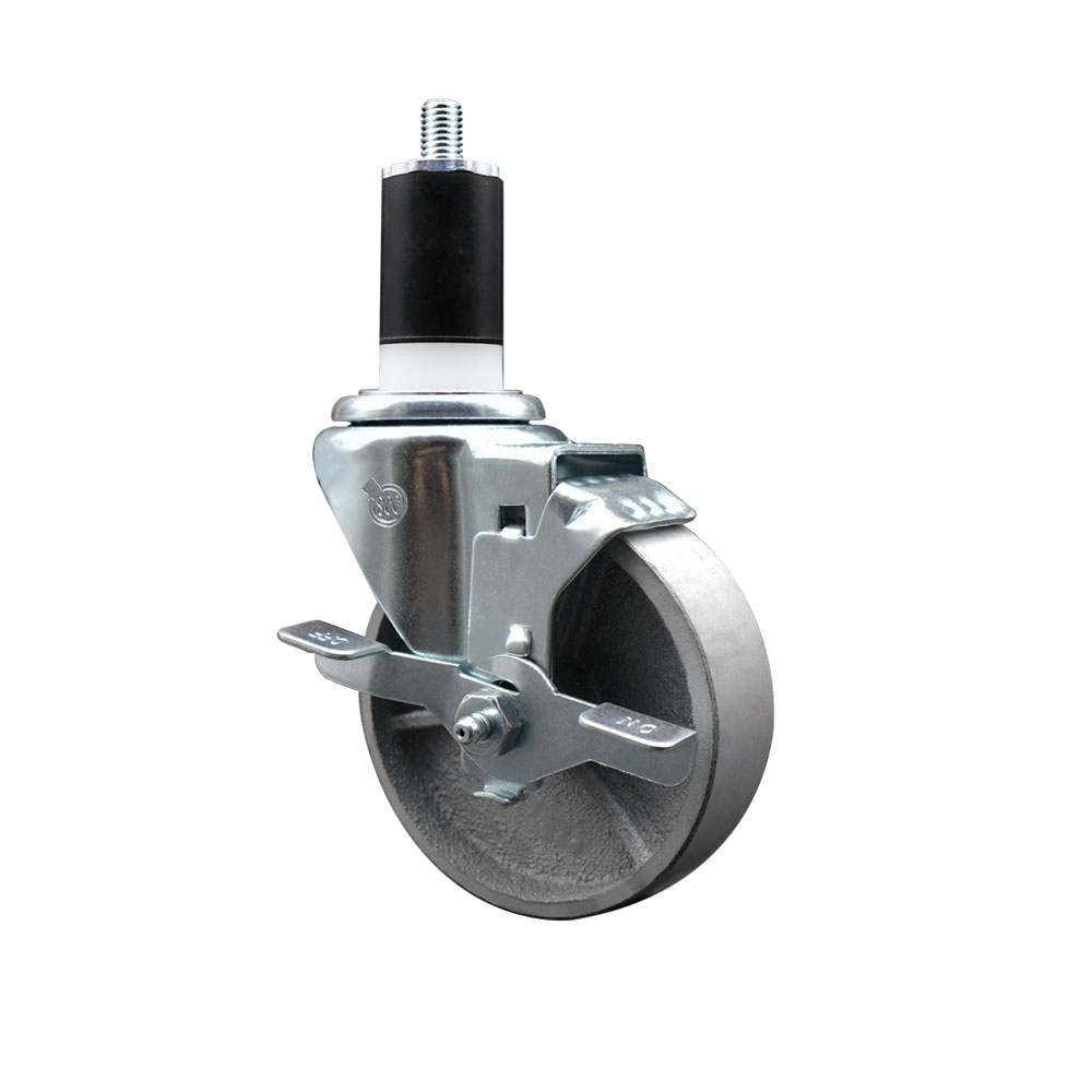 Semi Steel Cast Iron Swivel Expanding Stem Caster w/Roller Bearing - 4" x 1.5" Silver Wheel and 1-1/2" Stem & Top Locking Brake - 300 lbs Capacity/Caster - Service Caster Brand — photo 1