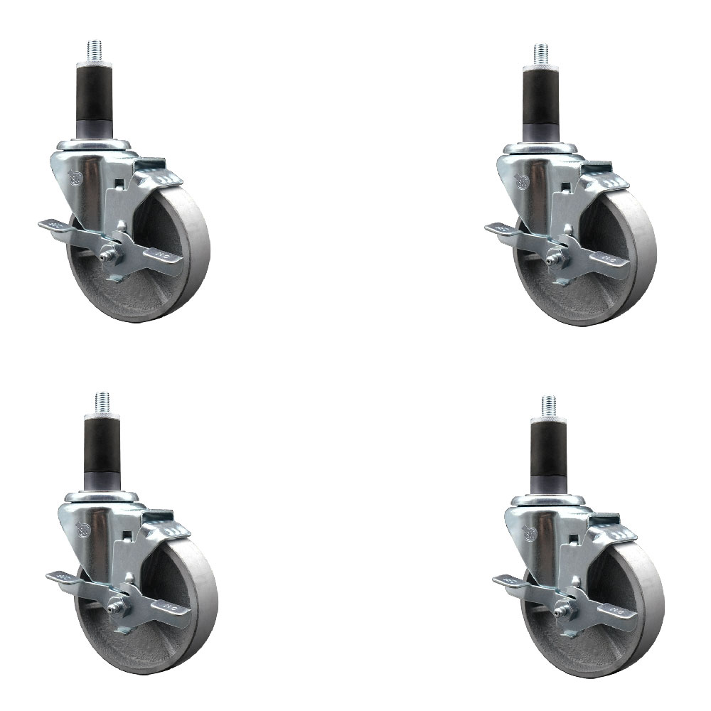 Semi Steel Cast Iron Swivel Expanding Stem Caster Set of 4 with 4 Inch Silver Wheels and 1-1/4" Stems - Includes 4 Swivel with Top Locking Brakes - 300 lbs. Capacity Per Caster - Service Caster Brand — photo 1