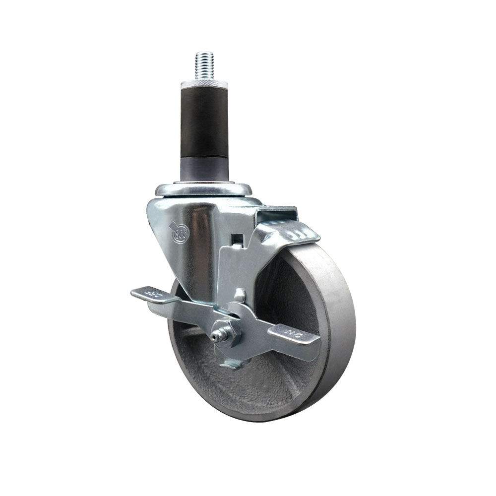 Semi Steel Cast Iron Swivel Expanding Stem Caster w/Roller Bearing - 4" x 1.5" Silver Wheel and 1-1/4" Stem & Top Locking Brake - 300 lbs Capacity/Caster - Service Caster Brand — photo 1