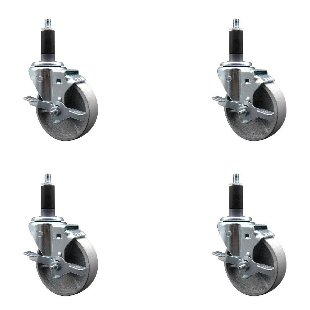 Semi Steel Cast Iron Swivel Expanding Stem Caster Set of 4 with Roller Bearings - 4" x 1.5" Silver Wheels and 1-1/8" Stems - 4 with Top Lock Brakes - 1200 lbs Total Capacity - Service Caster Brand — photo 1