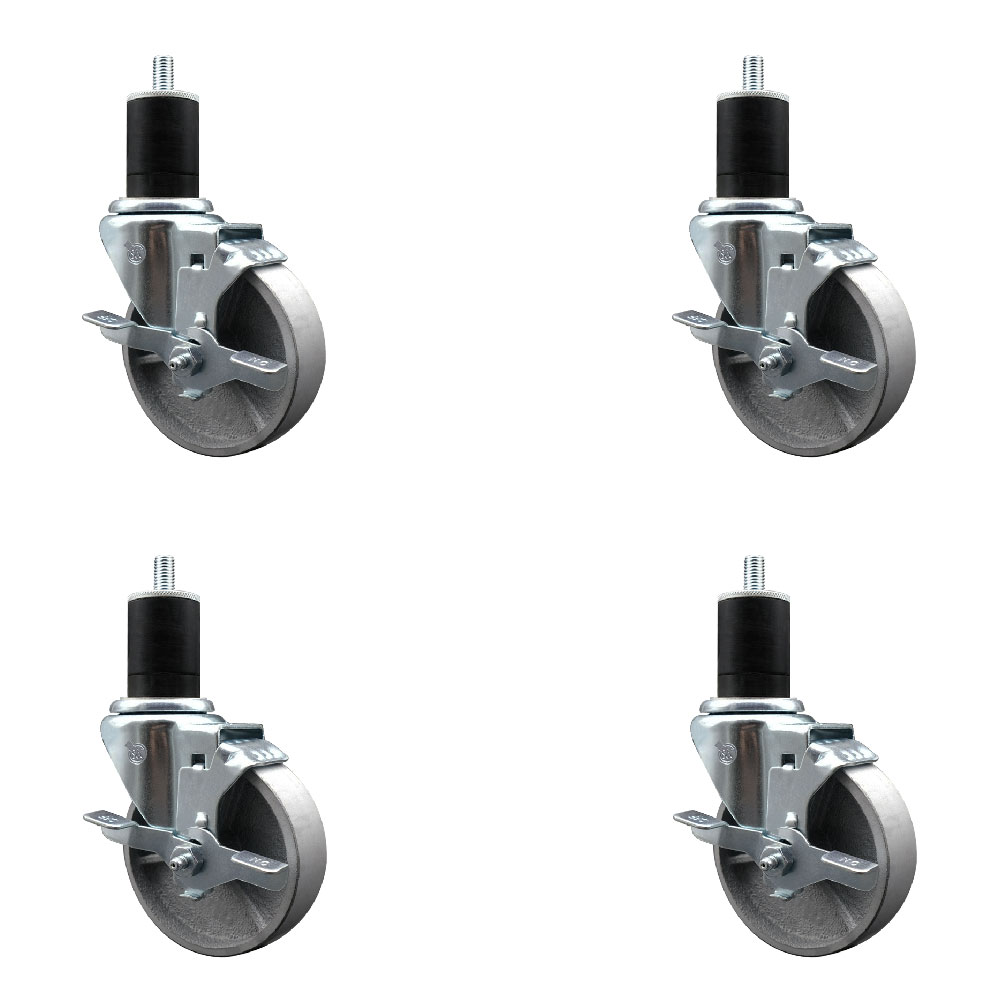 Semi Steel Cast Iron Swivel Expanding Stem Caster Set of 4 with Roller Bearings - 4" x 1.5" Silver Wheels and 1-3/4" Stems - 4 with Top Lock Brakes - 1200 lbs Total Capacity - Service Caster Brand — photo 1