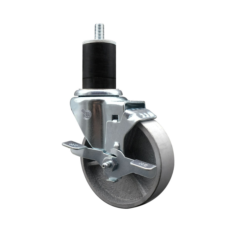 Semi Steel Cast Iron Swivel Expanding Stem Caster w/Roller Bearing - 4" x 1.5" Silver Wheel and 1-3/4" Stem & Top Locking Brake - 300 lbs Capacity/Caster - Service Caster Brand — photo 1