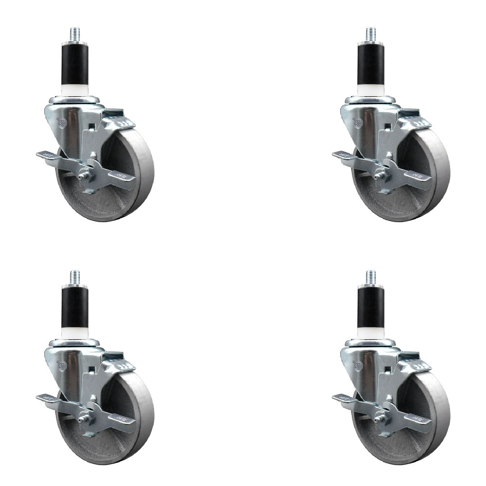 Semi Steel Cast Iron Swivel Expanding Stem Caster Set of 4 with Roller Bearings - 4" x 1.5" Silver Wheels and 1-3/8" Stems - 4 with Top Lock Brakes - 1200 lbs Total Capacity - Service Caster Brand — photo 1